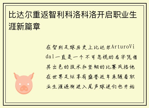 比达尔重返智利科洛科洛开启职业生涯新篇章 比达尔重返智利科洛科洛开启职业生涯新篇章